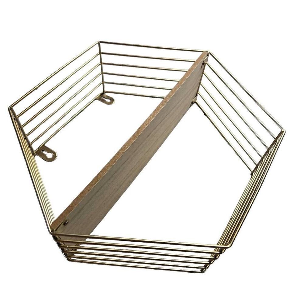 Gold and wood hexagon wall shelf Decor 12x10.5" - Picture 4 of 4